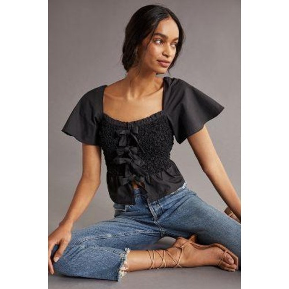 En Saison Black Smocked Bow Flutter Sleeve Peplum Top Small